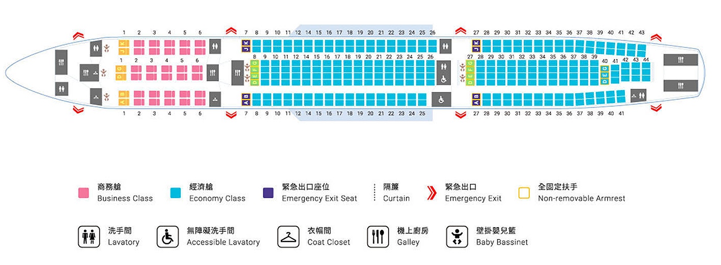 華航官網A330-300座艙配置圖，7個嬰兒掛籃可使用